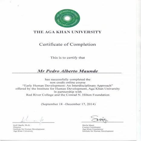 Certificate of Completion - Aga Khan University_Pedro Maunde | PDF