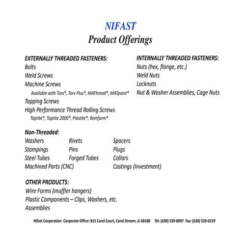 Nifast Product Offerings