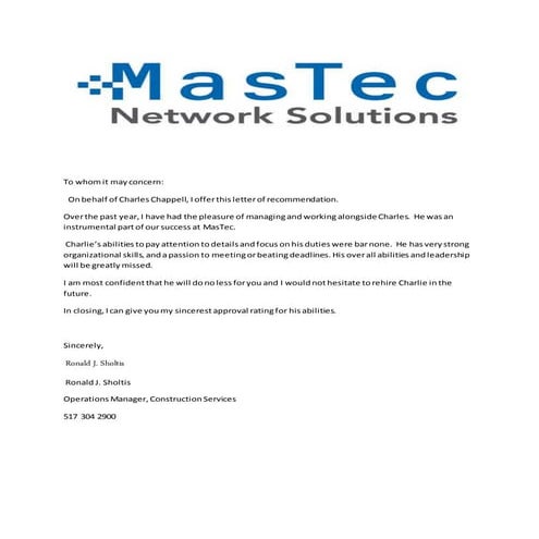 Ron Sholtis Recommendaton letter