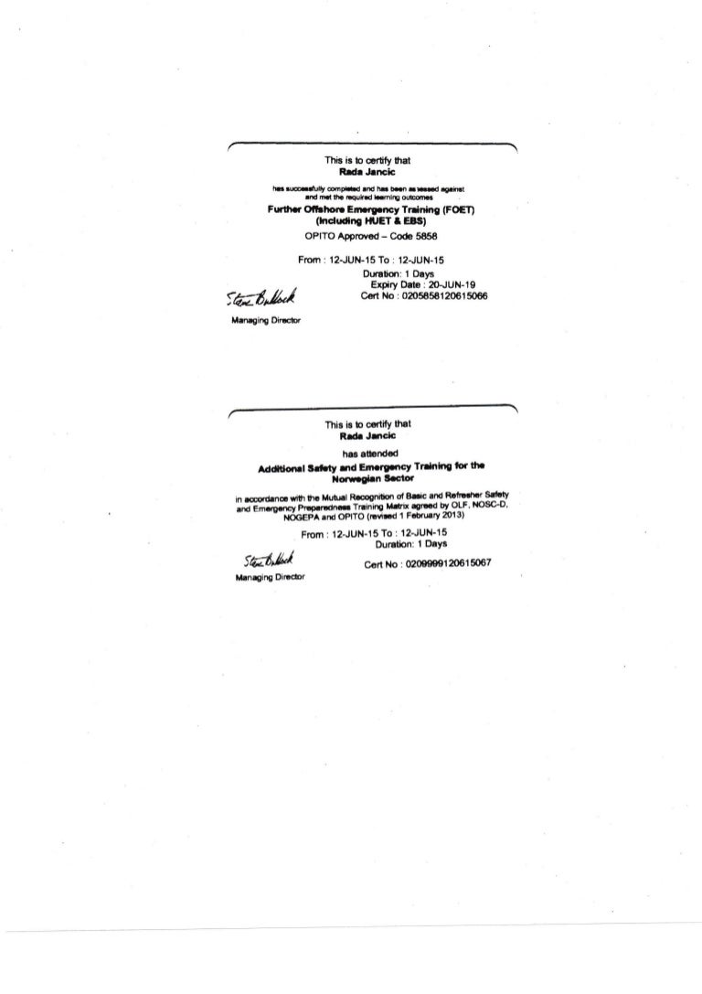 Offshore Survival Certificate - Rada Jancic