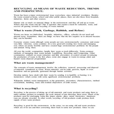 RECYCLING AS WASTE REDUCTION,TREND AND PROSPECTS