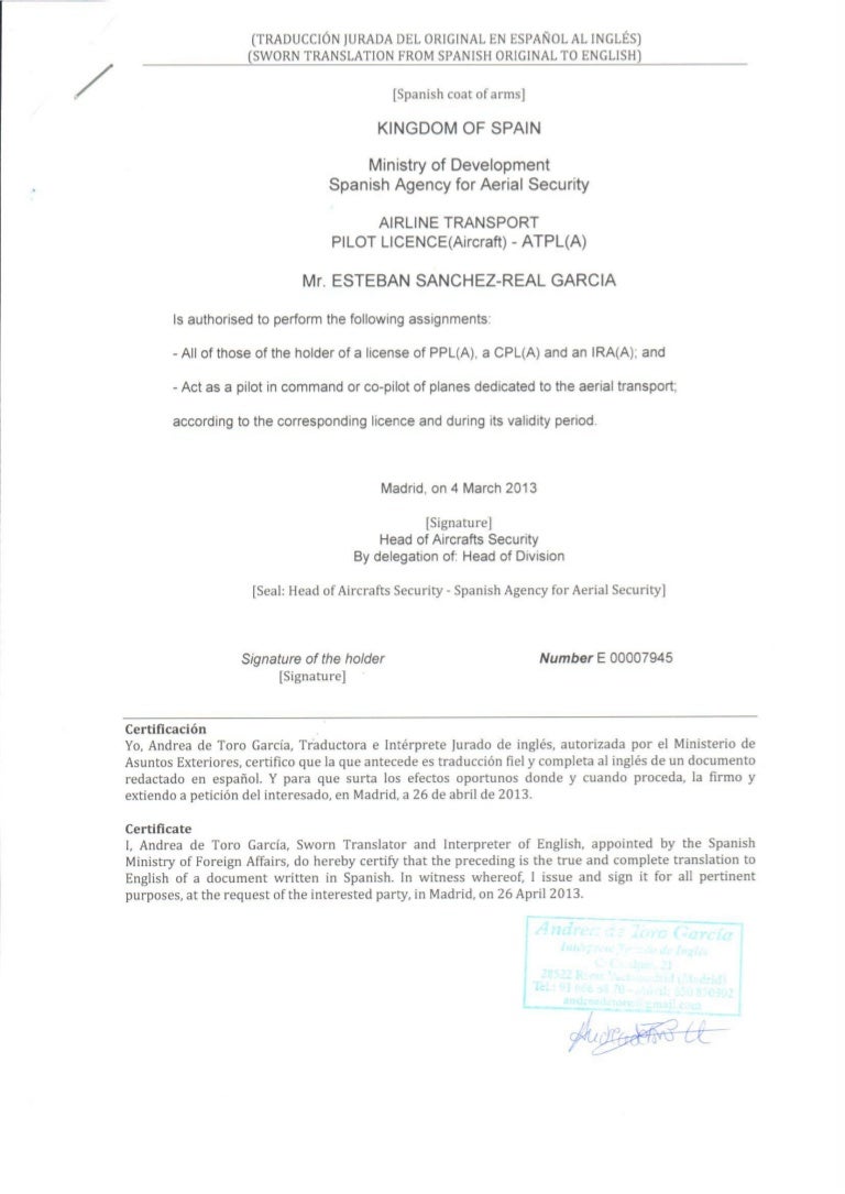 SWORN TRANSLATION Spanish Aviation Authorities (AESA) ATPL (A) Lett…