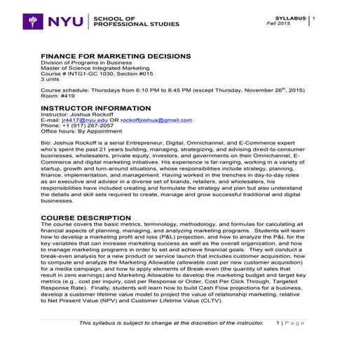 2015.09.03 INTG1-GC-1030, Finance for Marketing Decisions - Rockoff