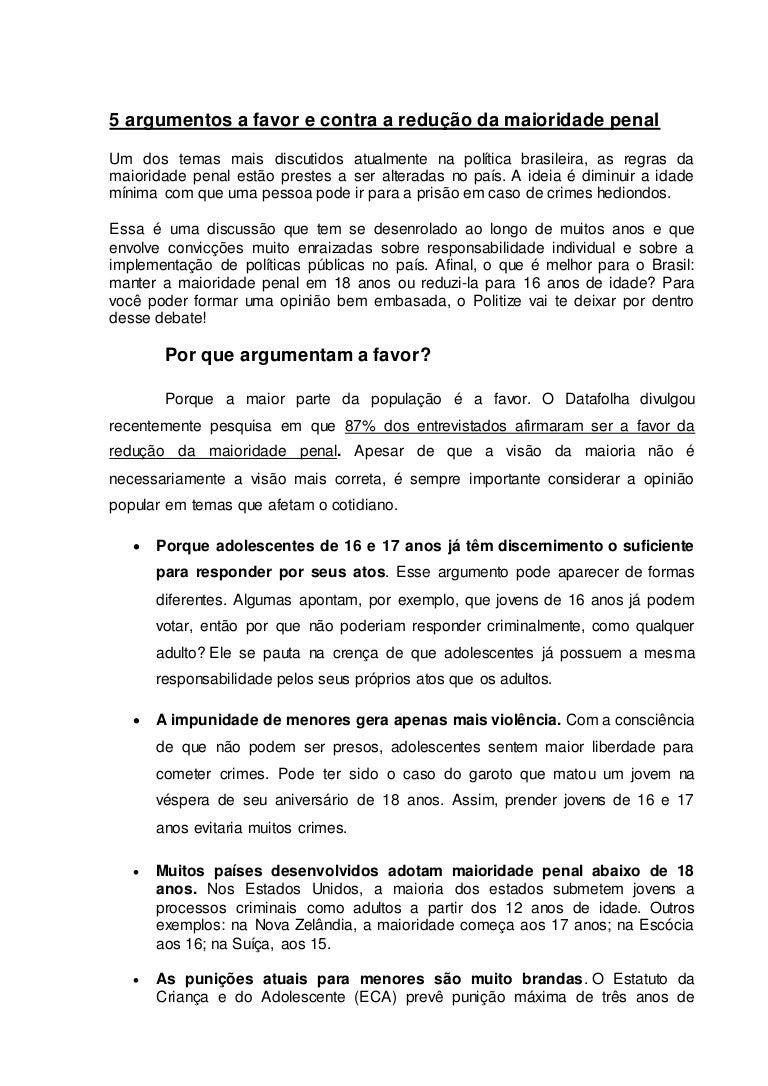 Argumentos A Favor Da Redução Da Maioridade Penal Brainly