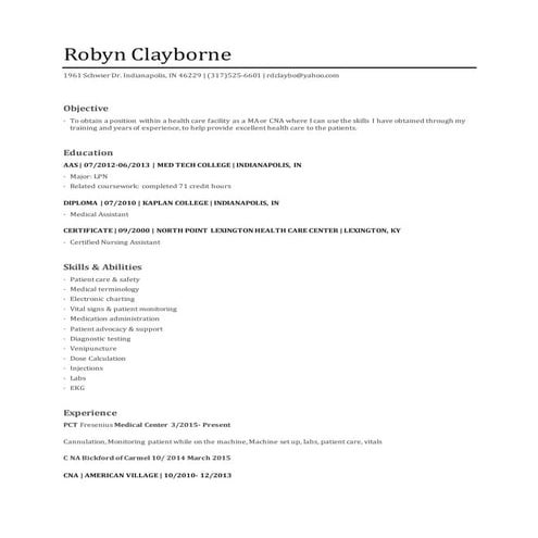 Robyn Clayborne resume again 2014