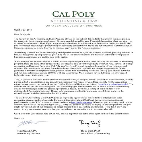 Accounting Achievement Letter