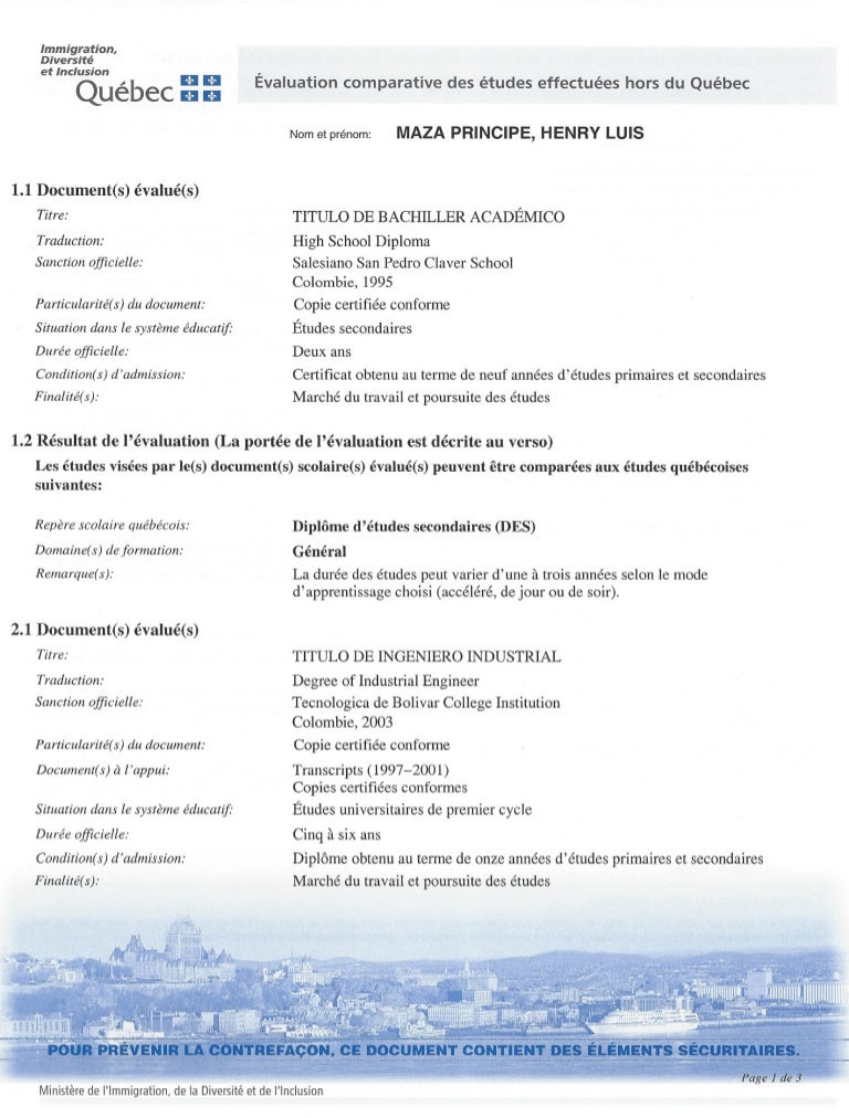 Evaluation Comparative Des Etudes Hors Quebec Henry Maza