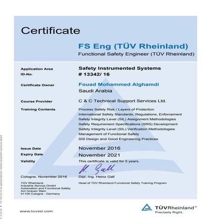 FS Engineer (TÜV Rheinland) certificate # 13342
