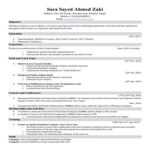 Fresh Graduate Geoscientist - Geophysics (Resume) | DOCX
