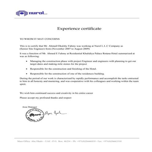 Experience certificate of Norul