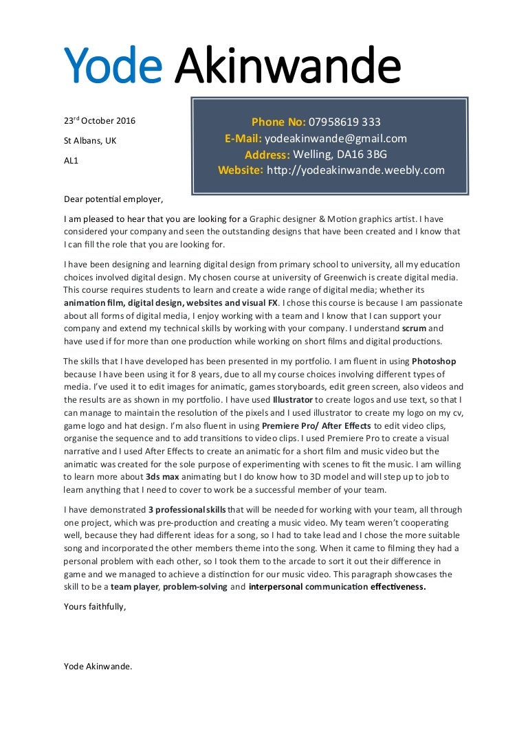 COVER LETTER and cv .23rd October 20162