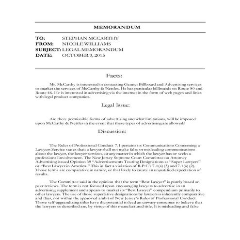 Legal Memo #1 Paralegalism