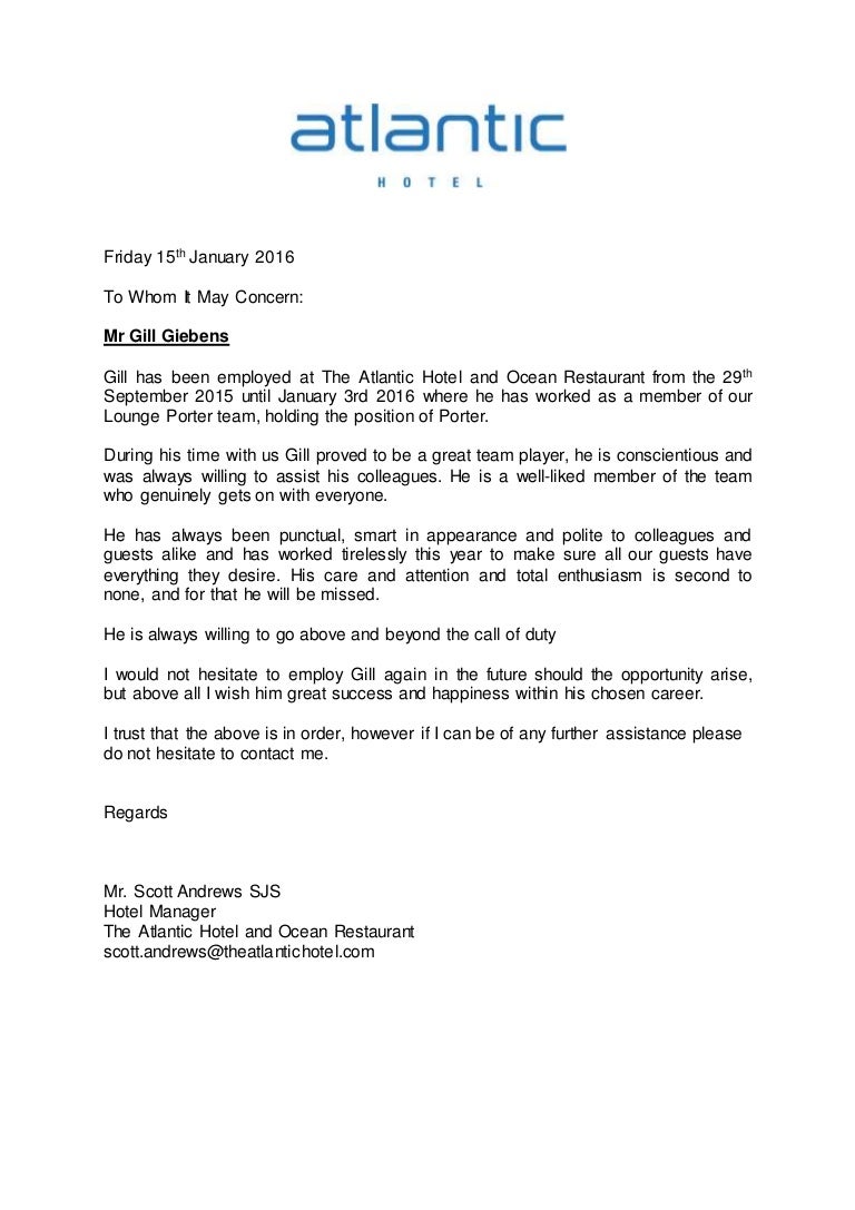 Reference letter Atlantic Hotel
