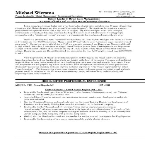 Michael Wiersma Resume and References