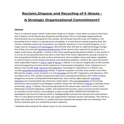 Reclaim Dispose and Recycling of E-Waste