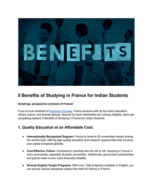 Opportunities and Guidelines Study in France for Indian Students | PDF