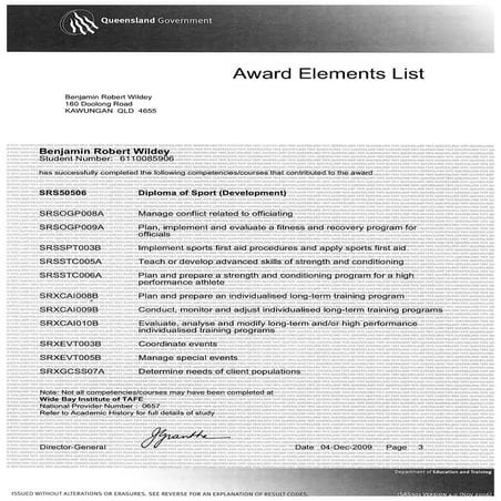 Diploma of Sport (Development) SRS50506 TAFE Transcript P3 | PDF
