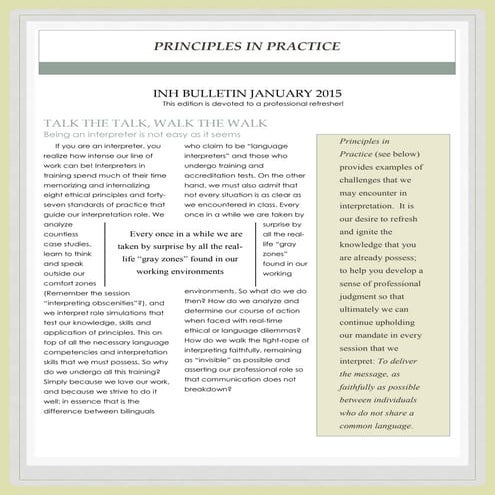 INH Bulletin Principles in Practice - Winter 2015