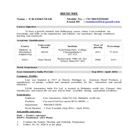 RAMKUMAR Resume LEAR TVS