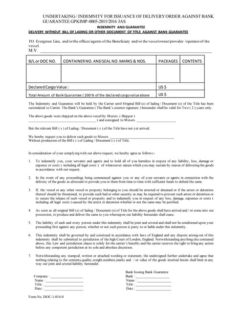 9... Undertaking by the Shipper on behalf of the consignee for the ...