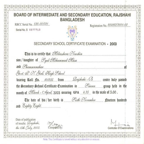Secondary School Certificate and Transcript