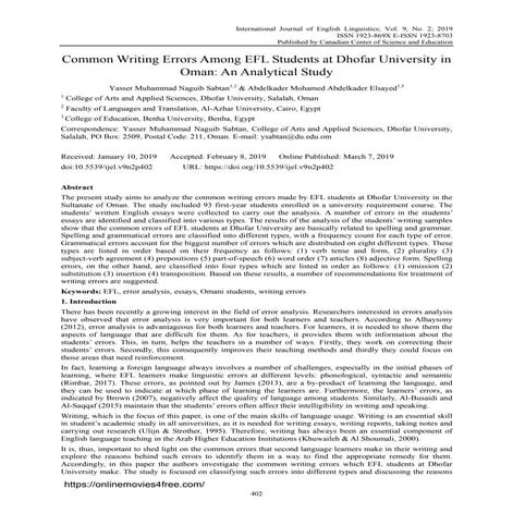 An Analysis Of Undergraduate Saudi EFL Female Students Errors In ...