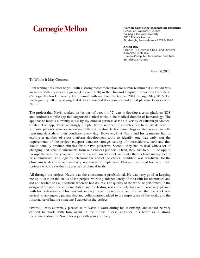 navin kumar hs may 2015 carnegie mellon letter of recommendation requirements
