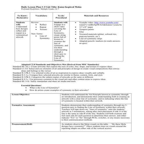 Line of Symmetry Lesson (L3) | DOC