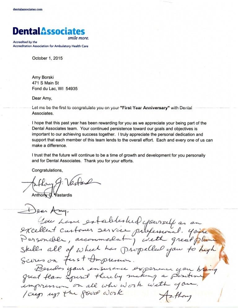 Dental Associates Letter of Appreciation