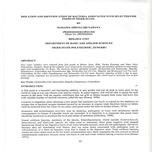 ISOLATION AND IDENTIFICATION OF BACTERIA ASSOCIATED WITH SELECTED FISH ...