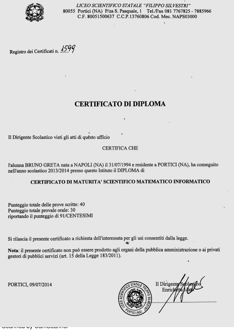 Certificato DIPLOMA DI ESAME DI STATO