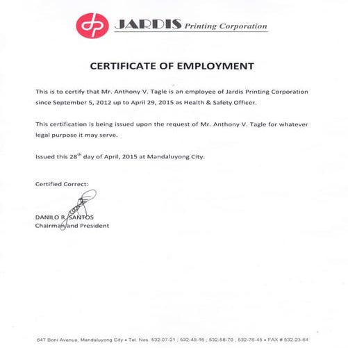 Certificate of Employment and Training Certificates PDF