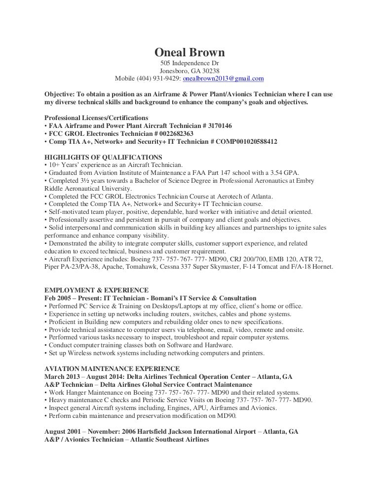 oneal brown a amp p and avionics technician resume avionics technician resume sample