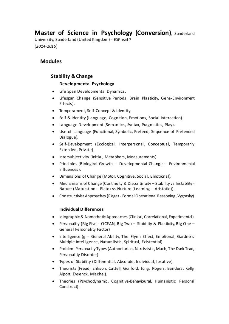 Master of Science in Psychology (Conversion) Modules, Knowledge, Un…