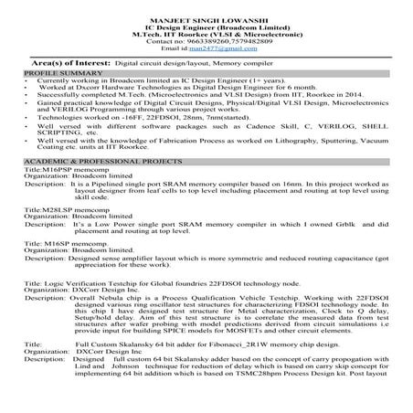RESUME MANJEET (IC Design Engineer, Broadcom)(IIT Roorkee)