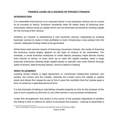 FINANCE LEASE AS A SOURCE OF PROJECT FINANCE_