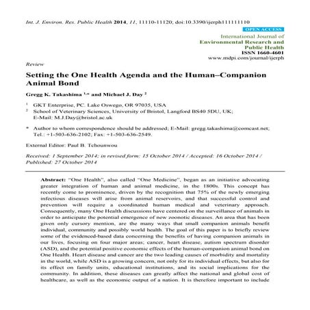 Setting the One Health agenda and the human-companion animal bond.