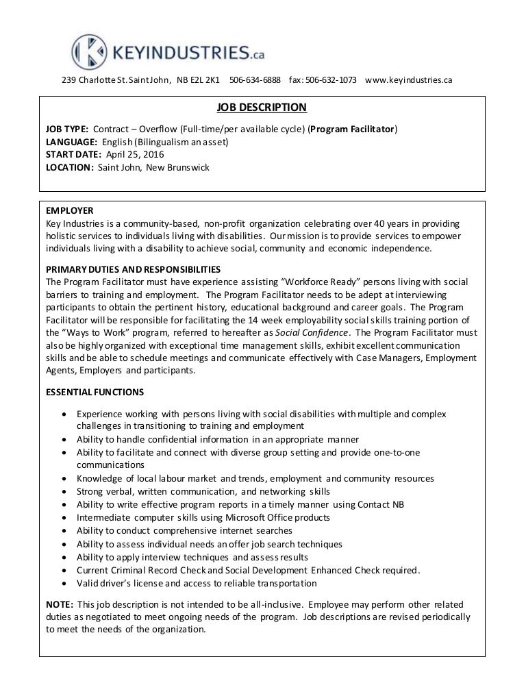 WTW Program Facilitator Job Description