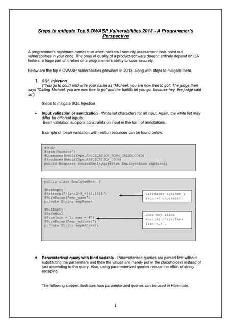 Steps to mitigate Top 5 OWASP Vulnerabilities 2013