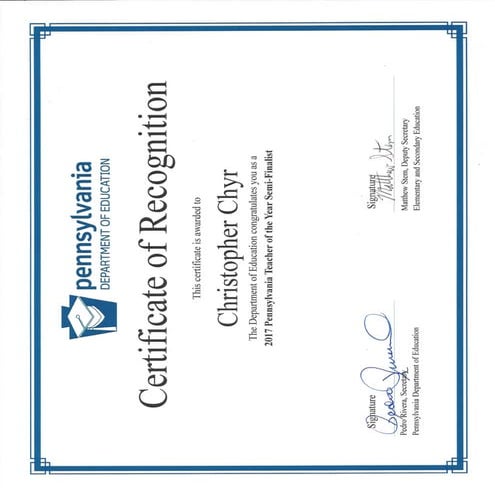 PA Teacher of the Year Semifinalist Certificate | PDF