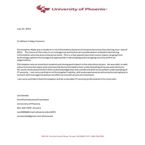 Lee Dordal Letter of Recommendation