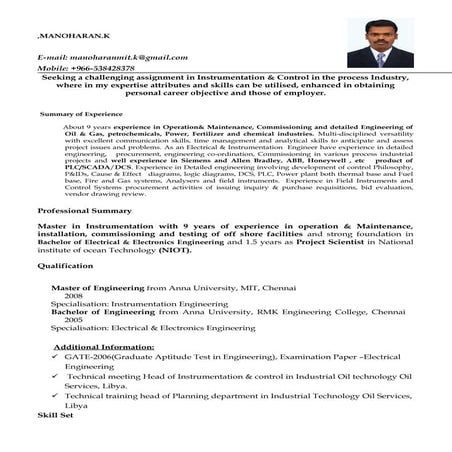 Instrumentation Engineer Resume | DOC