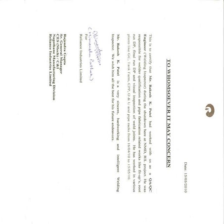 RELIANCE SHUTDOWN CERTIFICATE