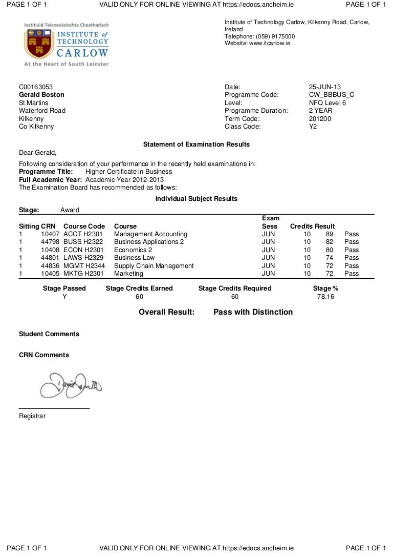 Statement of Examination Results Year 2