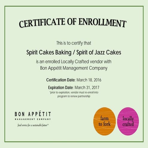 F2F Vendor Certificate - Spirit of Jazz Cakes