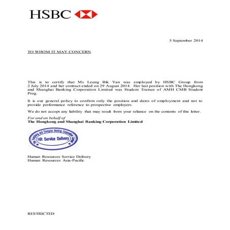 HSBC Employment Letter - Leung Bik Yan | PDF