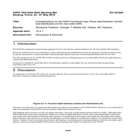 5G RAN - Split of Functions between Central and Distributed Unit