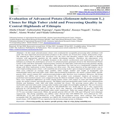 Evaluation of Advanced Potato (Solanum tuberosum L.) Clones for High Tuber yi...