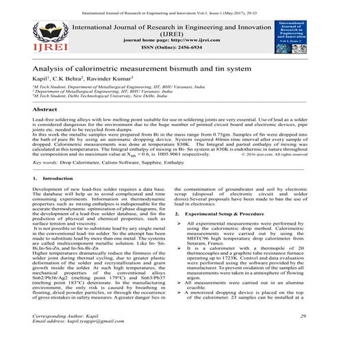 Analysis of calorimetric measurement bismuth and tin system 