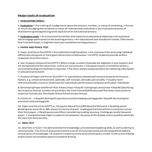 Major tools of evaluations.